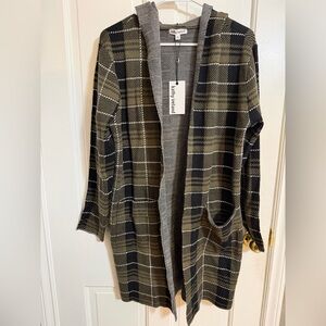 Kathy Ireland Black and Olive Plaid Cardigan